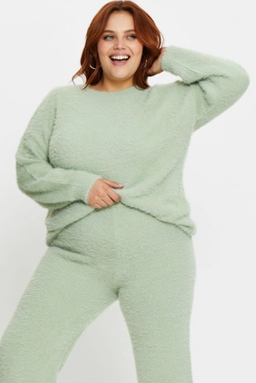 Green Mint Fluffy Pants Secure Cuff Design Barrel Waist