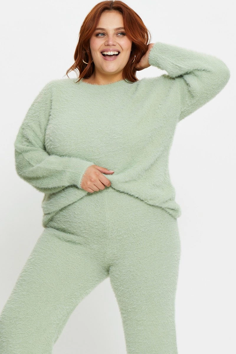 Green Mint Fluffy Pants Secure Cuff Design Barrel Waist