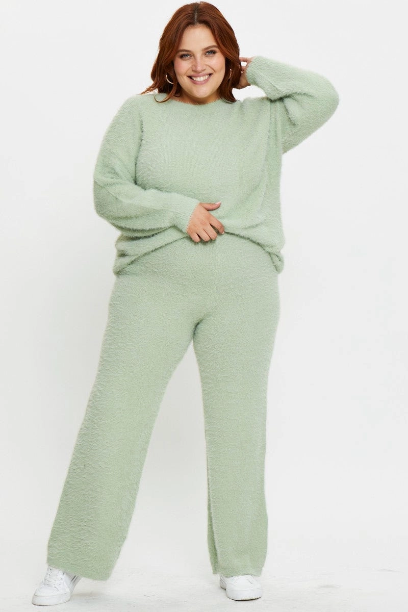 Green Mint Fluffy Pants Casual Vibe