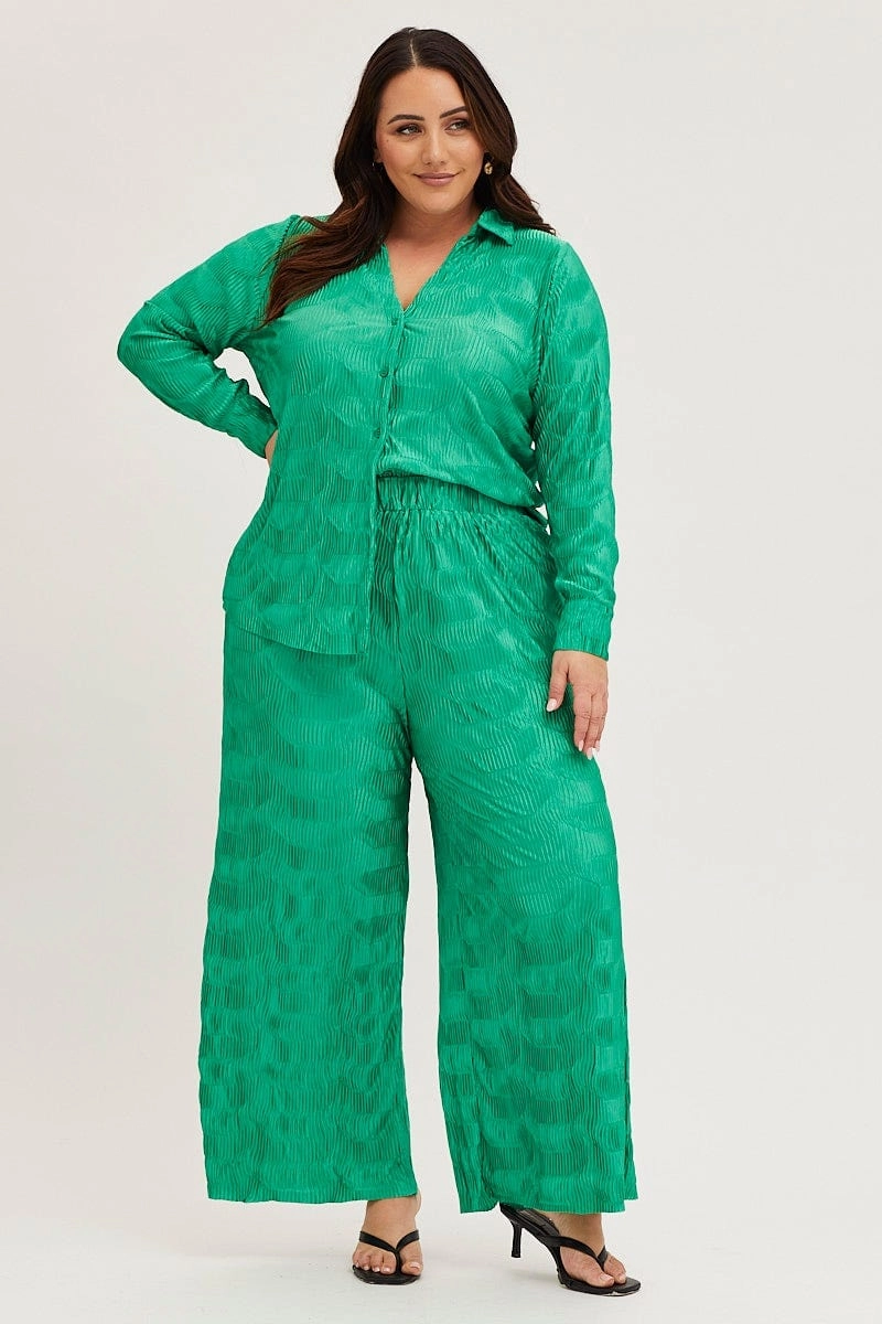 Green Oversized Shirt Plisse Long Sleeve Hooded Neckline Easy Comfort