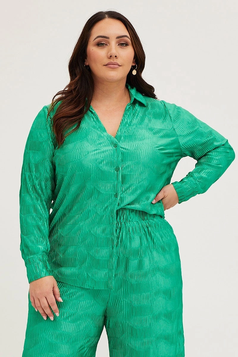 Green Oversized Shirt Plisse Long Sleeve Double Stitched Seams Workwear Style