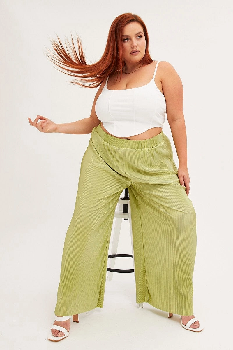 Casual Chic Relaxed Lines Green Plisse Pants Wide Leg High Rise
