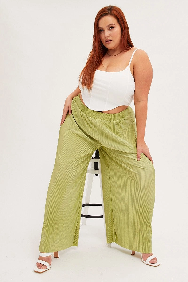 Active Layer Comfort Wearable Green Plisse Pants Wide Leg High Rise