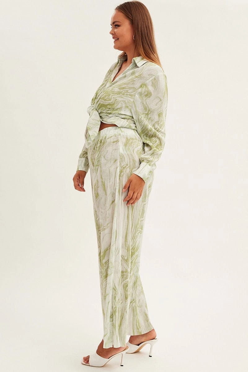 Performance Support AllDayCompression Green Print Plisse Pants Wide Leg High Rise