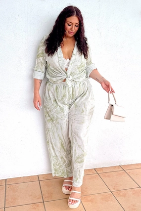 Street Comfort Outdoor activities Green Print Plisse Pants Wide Leg High Rise