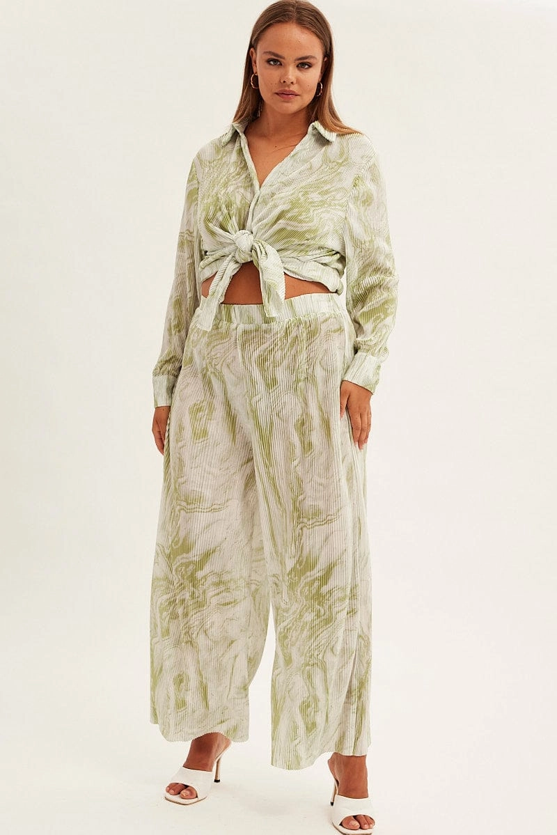All Purpose Wear Green Print Plisse Pants Wide Leg High Rise