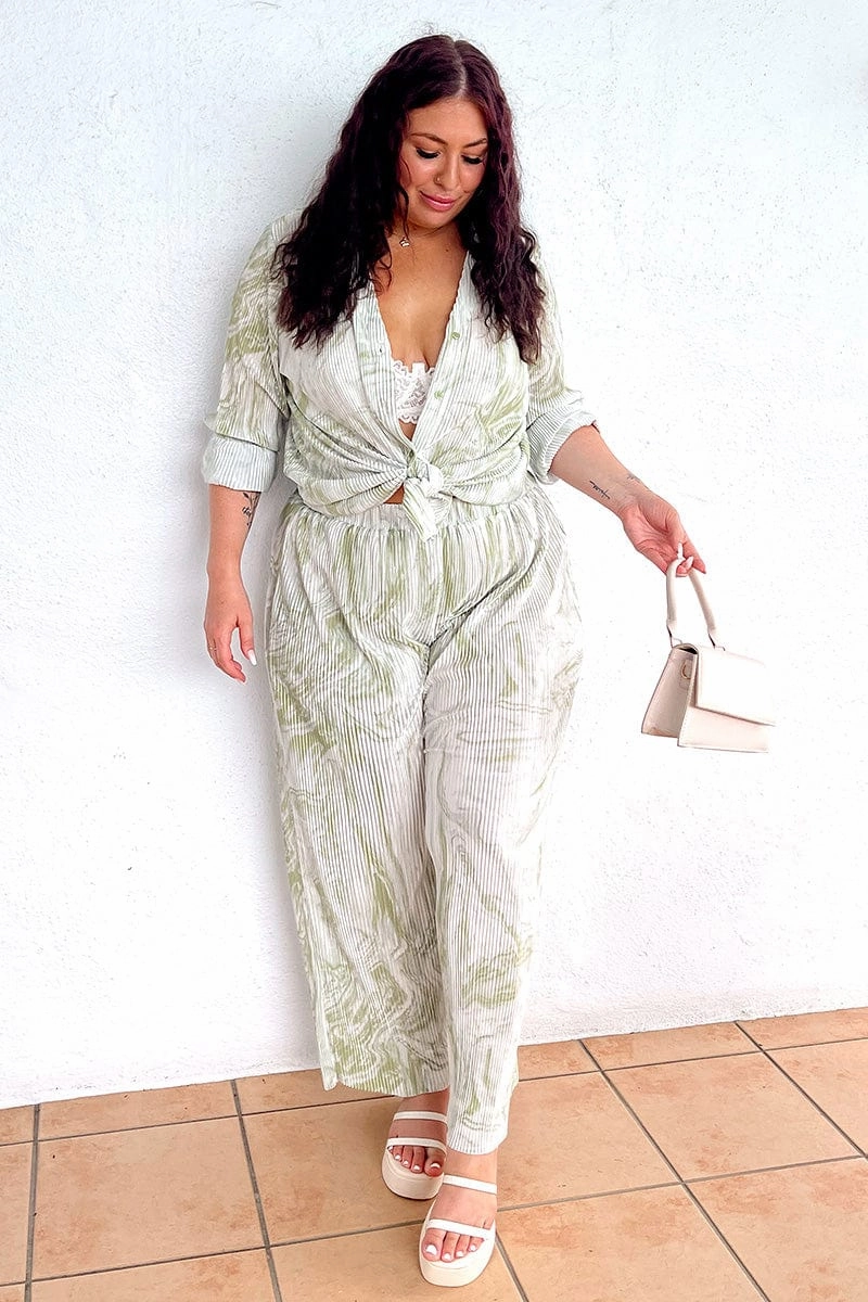 Street Comfort Outdoor activities Green Print Plisse Pants Wide Leg High Rise