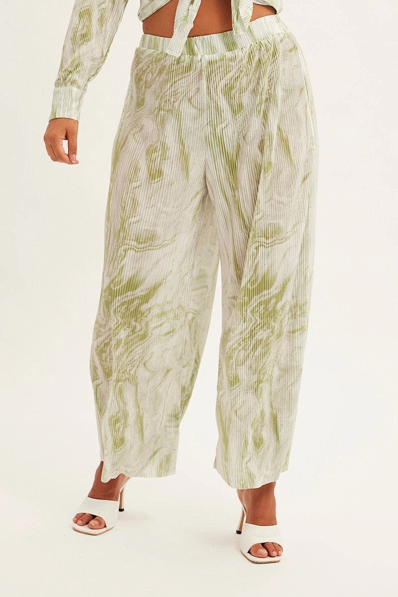 Indoor Comfort Green Print Plisse Pants Wide Leg High Rise