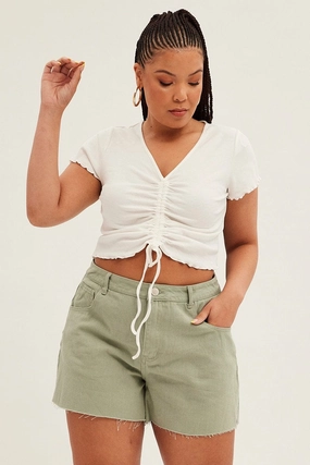 Green Relaxed Denim Shorts High Rise Side Slit Comfort Tech