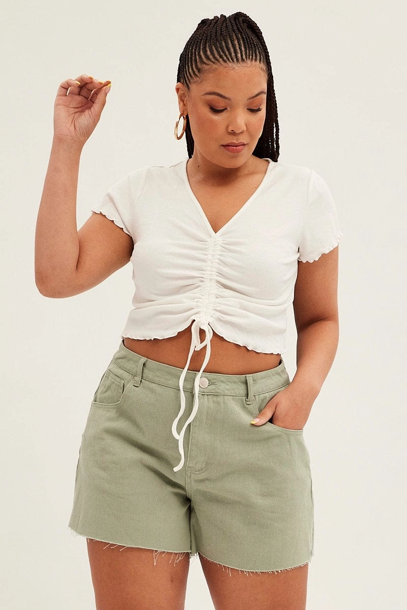 Green Relaxed Denim Shorts High Rise Side Slit Comfort Tech