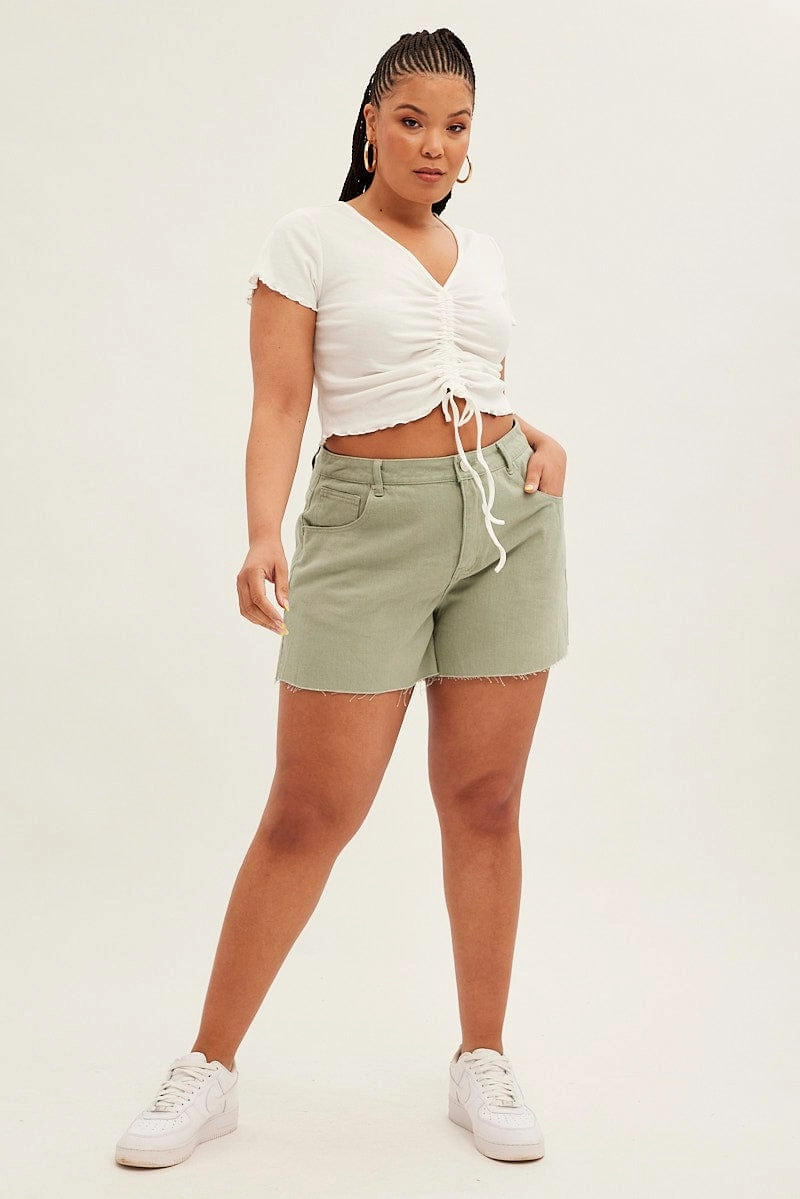 Green Relaxed Denim Shorts High Rise Side Slit Modular Storage Design
