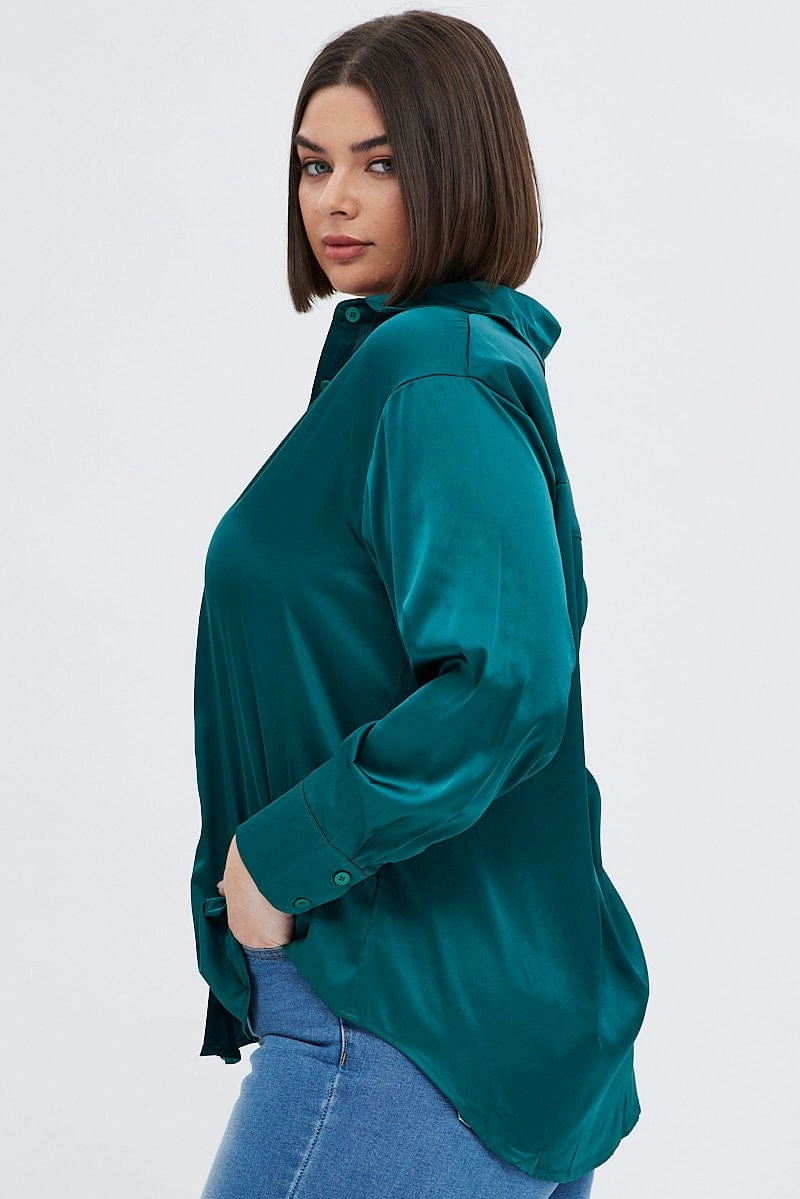Holiday Travel Green Relaxed Shirt Long Sleeve Satin