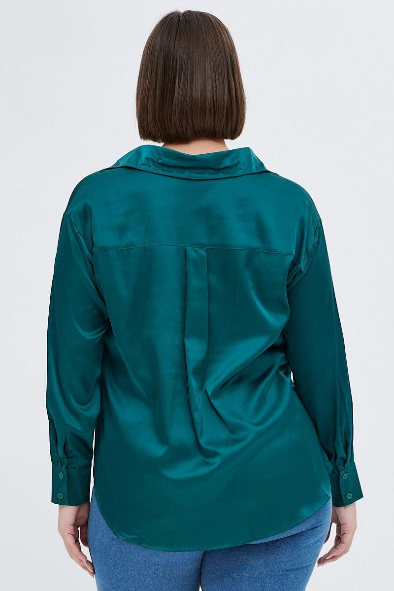 Green Relaxed Shirt Long Sleeve Satin Functional Fashion Stretchy Cloth