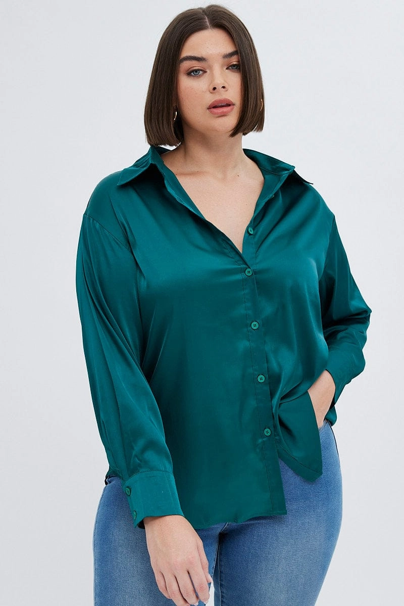 Green Relaxed Shirt Long Sleeve Satin High-Quality Material Subtle Print