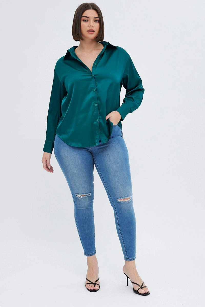 Green Relaxed Shirt Long Sleeve Satin Breathable back panel