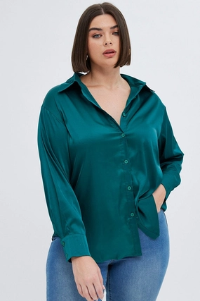 Green Relaxed Shirt Long Sleeve Satin High-Quality Material Subtle Print