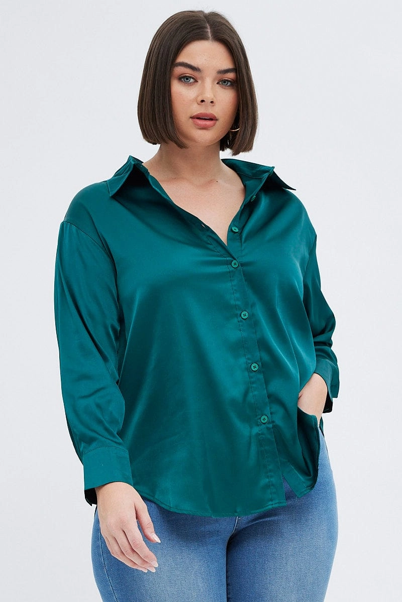 Green Relaxed Shirt Long Sleeve Satin Seasonal Fashion Reinforced Elbow Patches