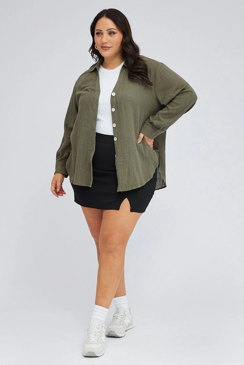 Quick Release Cuffs Green Relaxed Shirt Long Sleeve V-neck