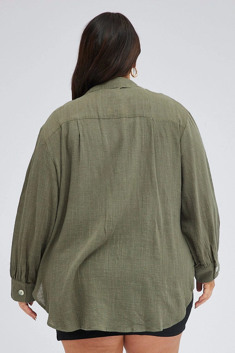 Green Relaxed Shirt Long Sleeve V-neck Micro Perforated Texture Plus size option