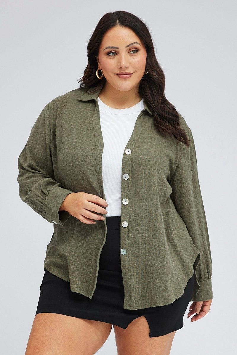 Green Relaxed Shirt Long Sleeve V-neck Timeless Piece Workwear Ready