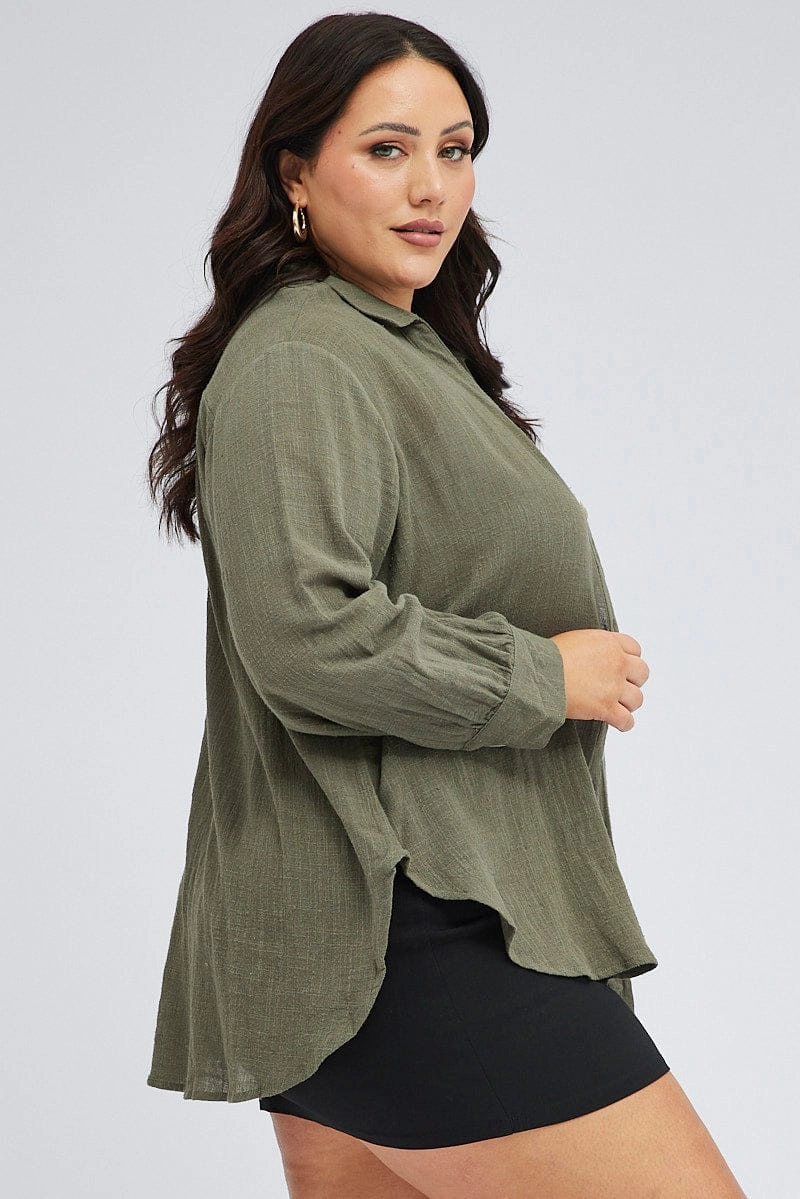 Year-Round Wear Green Relaxed Shirt Long Sleeve V-neck