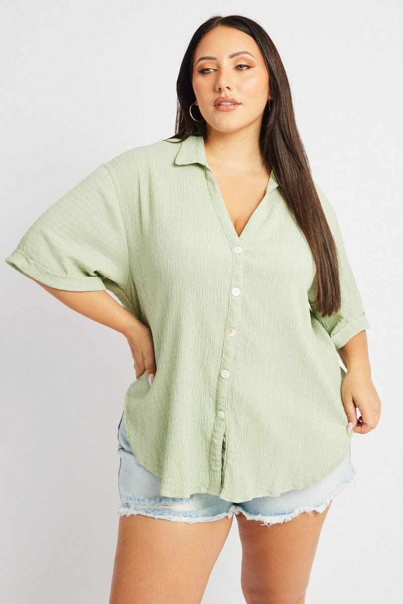 Simple Comfort Green Relaxed Shirt Short Sleeve Textured
