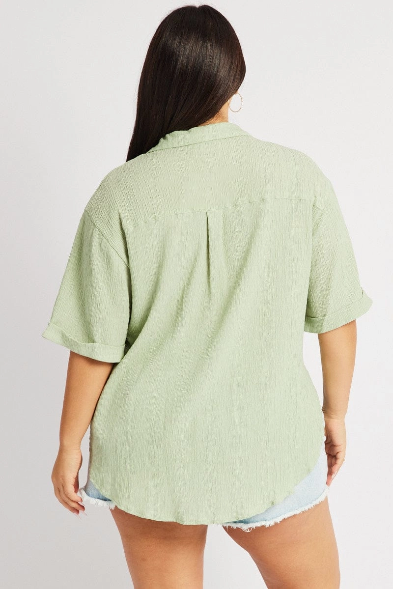 Layered Hemline Green Relaxed Shirt Short Sleeve Textured