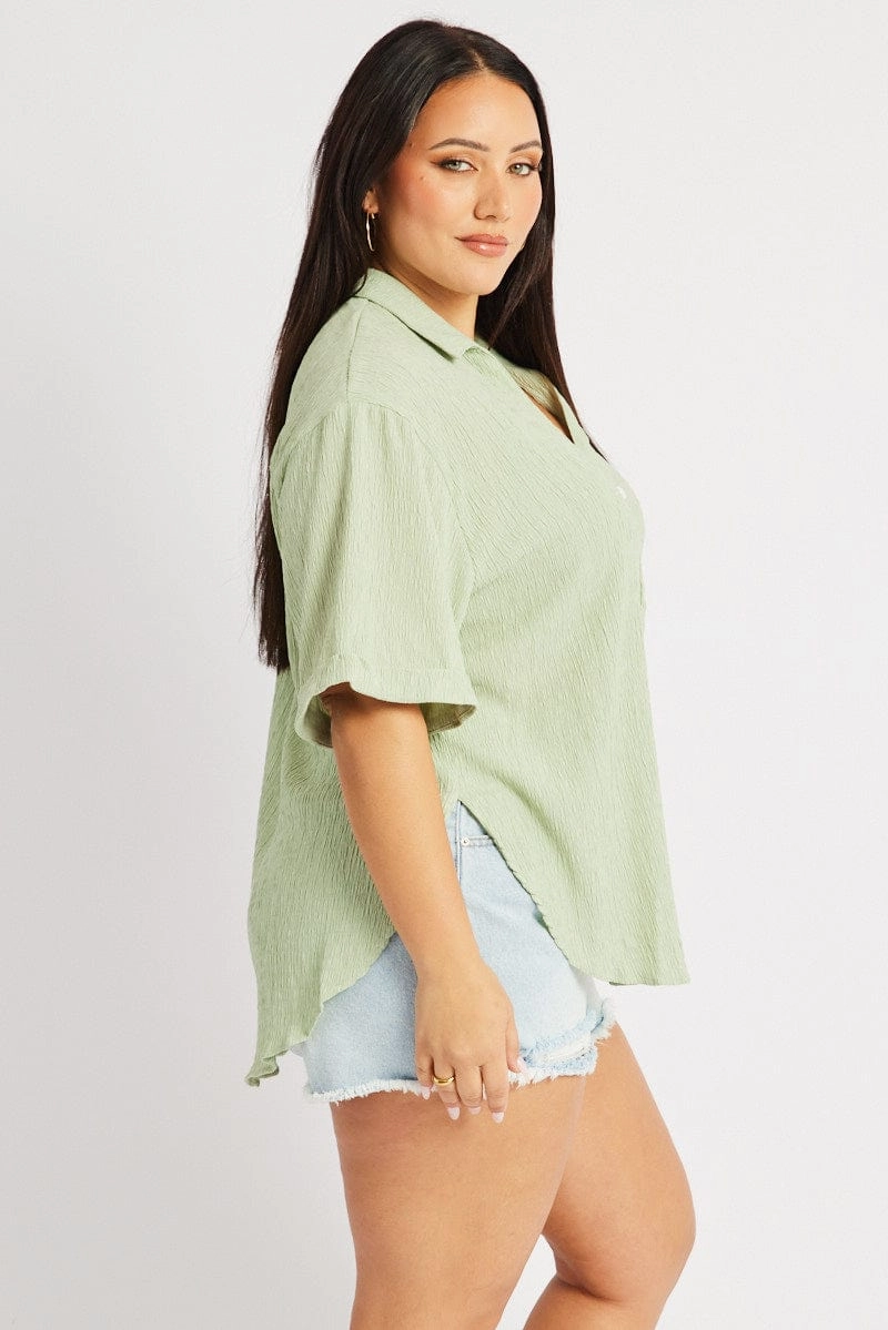 Green Relaxed Shirt Short Sleeve Textured Autumn Look Year-Round Wear
