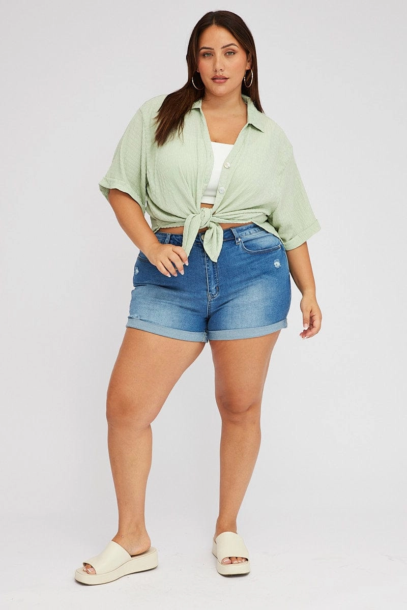 Green Relaxed Shirt Short Sleeve Textured Versatile Piece