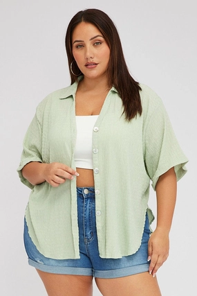 Preppy Vibe Durable Texture Green Relaxed Shirt Short Sleeve Textured