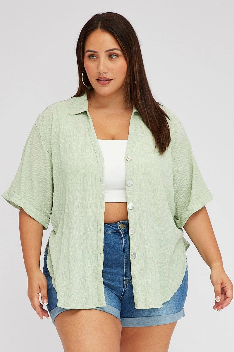 Durable Button Closures Green Relaxed Shirt Short Sleeve Textured