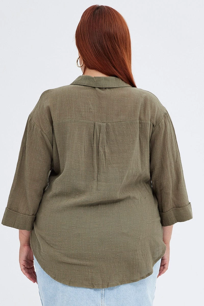 Green Relaxed Shirt Three Quarter Sleeve V-neck Multi Layer Stitching
