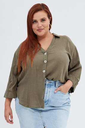 Green Relaxed Shirt Three Quarter Sleeve V-neck Two Tone Stitching