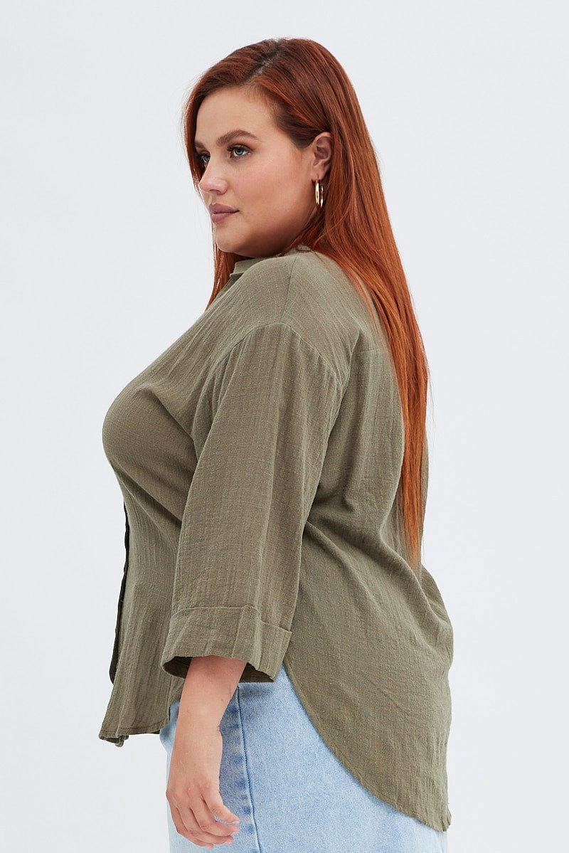 Spring Collection Low Profile Pocket Design Green Relaxed Shirt Three Quarter Sleeve V-neck