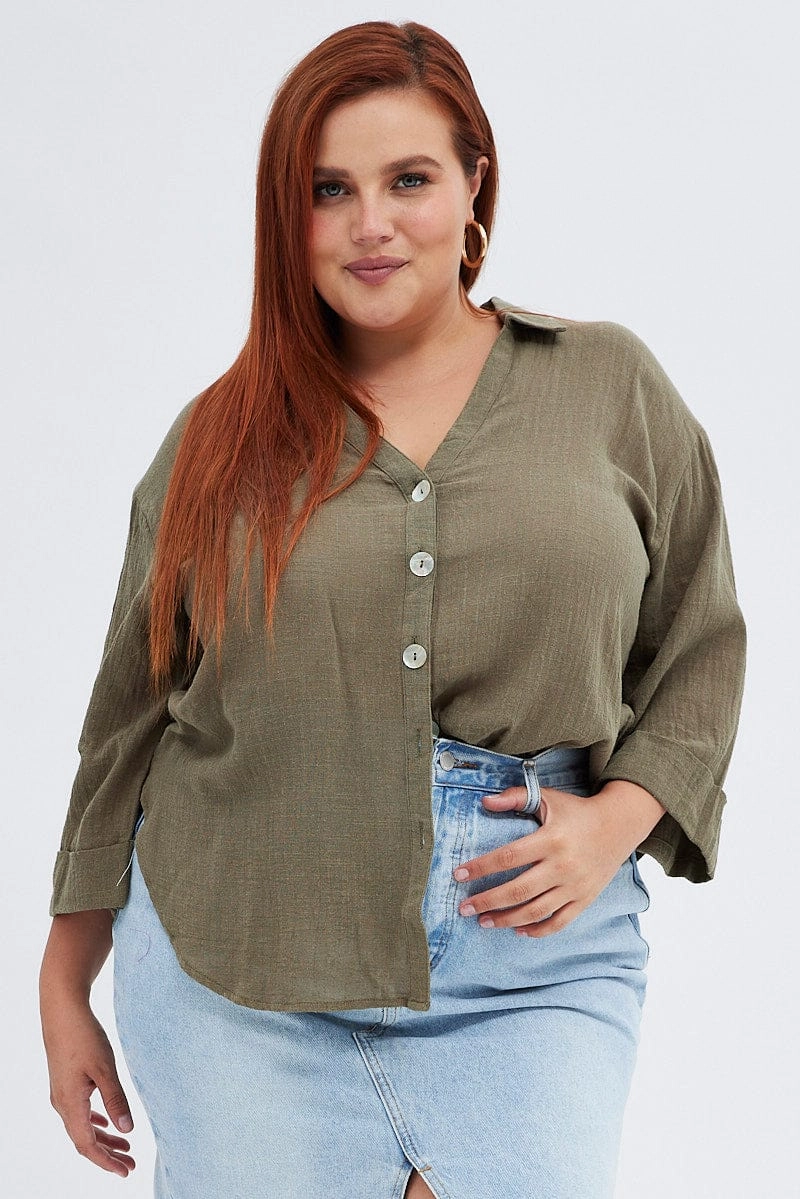 Green Relaxed Shirt Three Quarter Sleeve V-neck Spring Trend