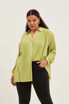 Green Relaxed Shirts Long Sleeve Plisse Premium Fabric