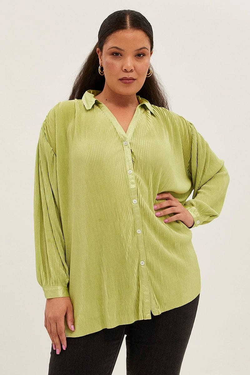 Brushed Inner Lining Party Ready Green Relaxed Shirts Long Sleeve Plisse