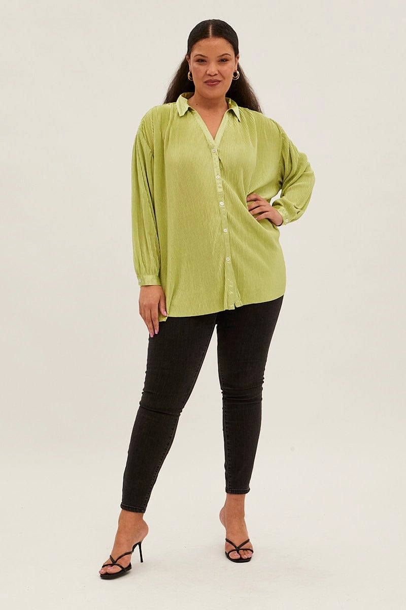 Green Relaxed Shirts Long Sleeve Plisse hypoallergenic material