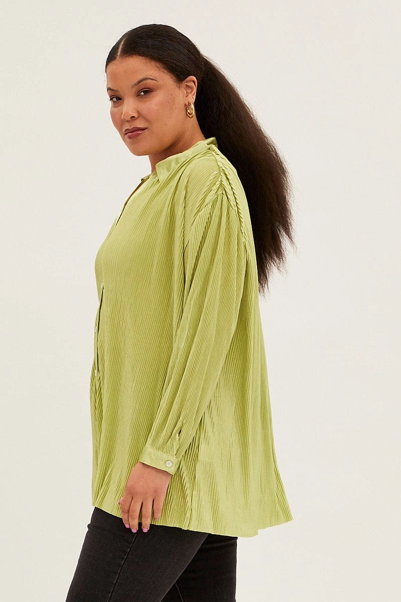 Year-Round Wear Green Relaxed Shirts Long Sleeve Plisse