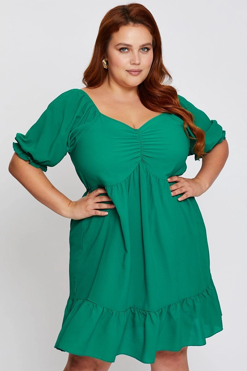 Green Short Puff Sleeve Gather Frill Hem Dress Fit for All Seasons