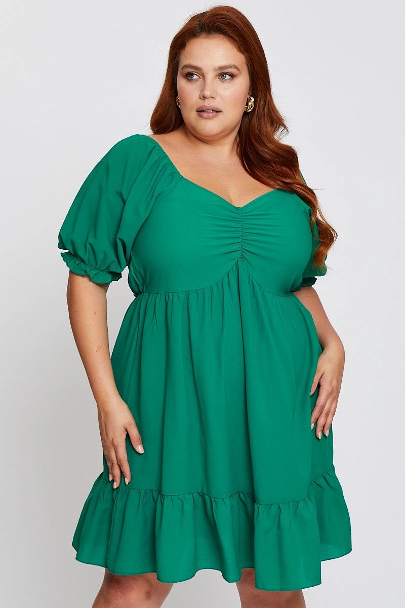 Plus Fit Subtle Elegance Green Short Puff Sleeve Gather Frill Hem Dress