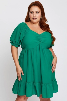 Plus Fit Subtle Elegance Green Short Puff Sleeve Gather Frill Hem Dress