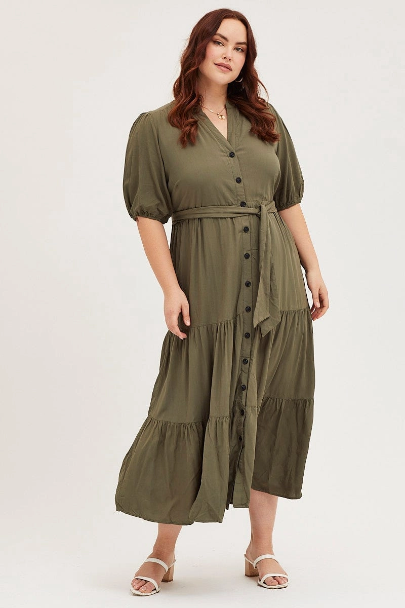 Green Short Sleeve Black Collared Button Midi Dress Fresh Stitch