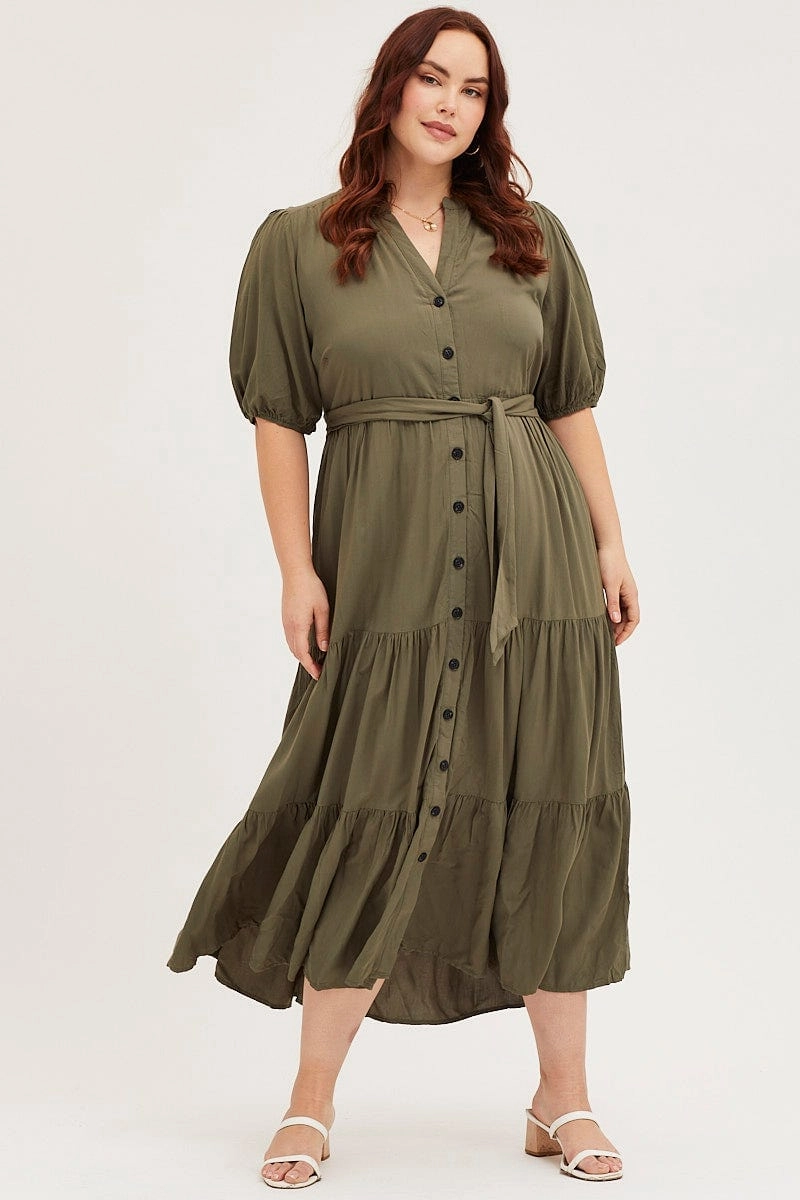 Soft Appearance Soft Colorway Green Short Sleeve Black Collared Button Midi Dress