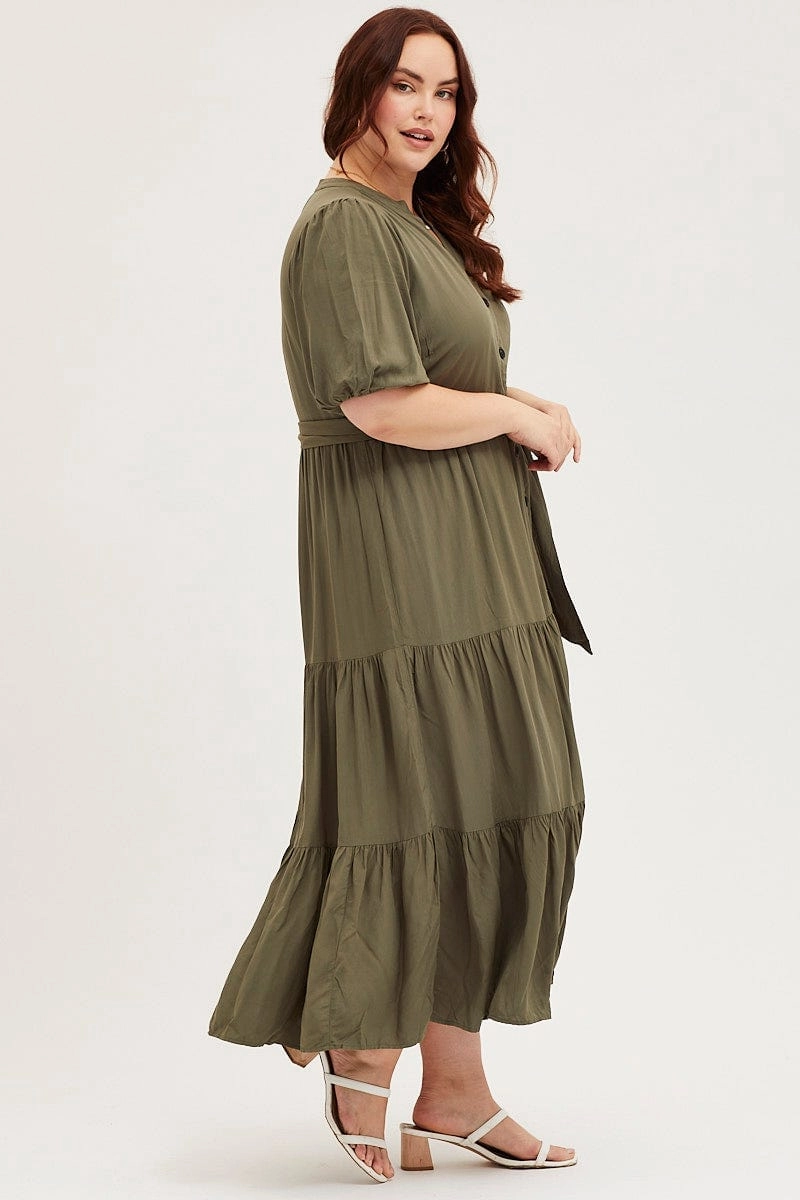 Feminine Style skin friendly Green Short Sleeve Black Collared Button Midi Dress