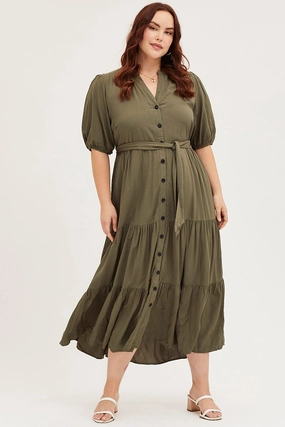 Soft Appearance Soft Colorway Green Short Sleeve Black Collared Button Midi Dress
