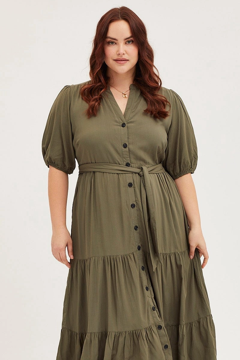 Bold Fashion Green Short Sleeve Black Collared Button Midi Dress