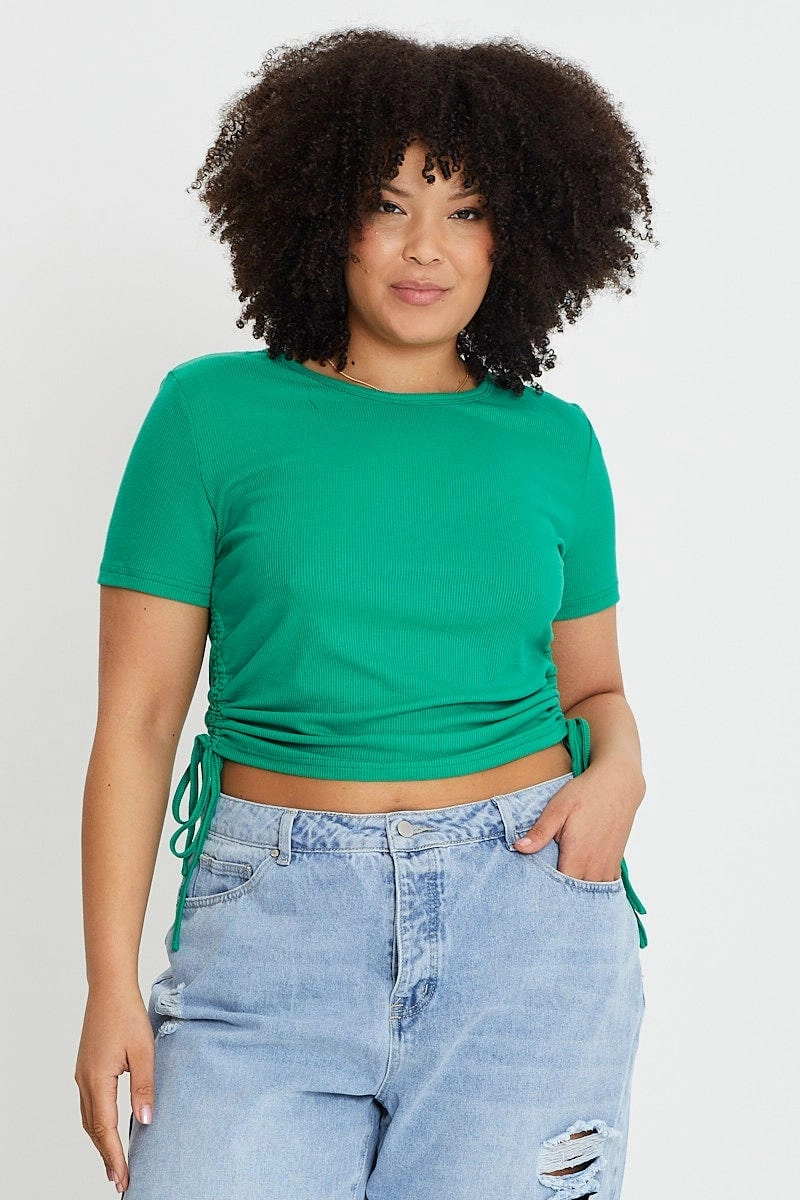 Green Short Sleeve Green Jersey Drawstring Side Top Relaxed Comfort Wear