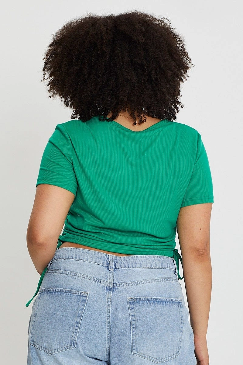 Green Short Sleeve Green Jersey Drawstring Side Top Edgy Cozy Wearable