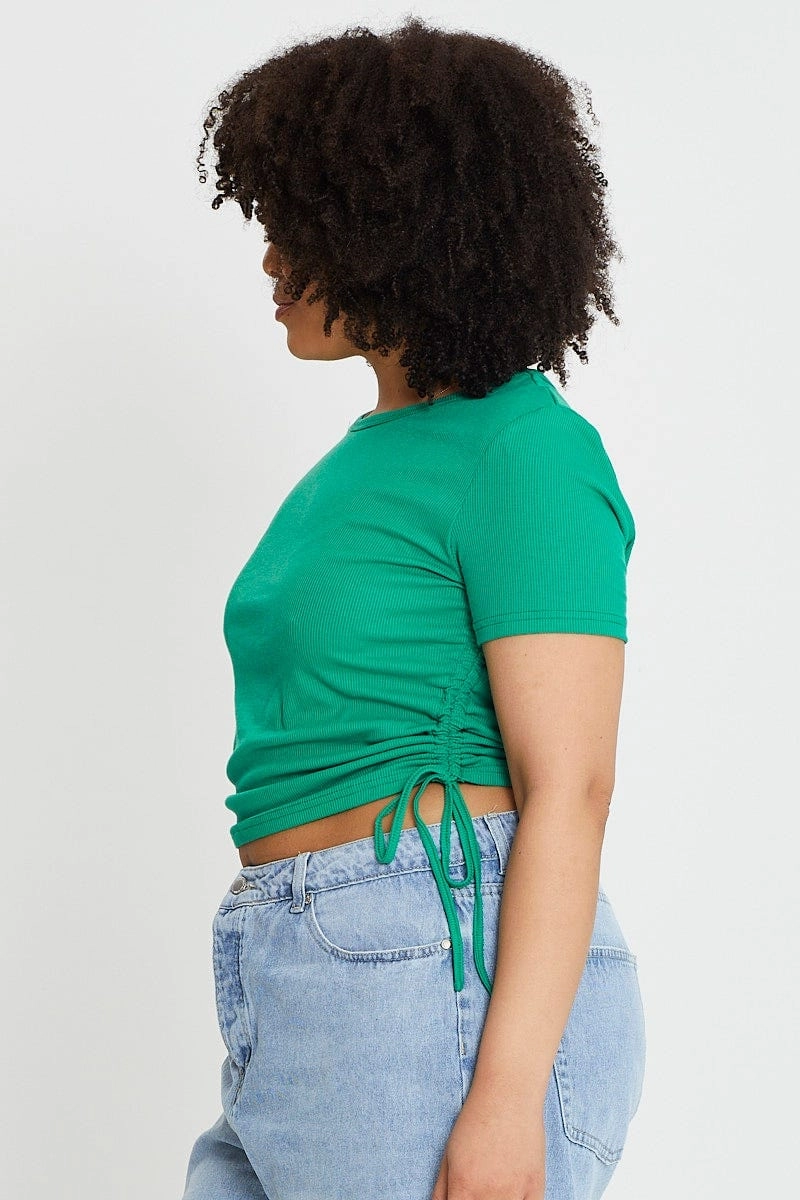 Perfect Layering Circular Knit Design Green Short Sleeve Green Jersey Drawstring Side Top